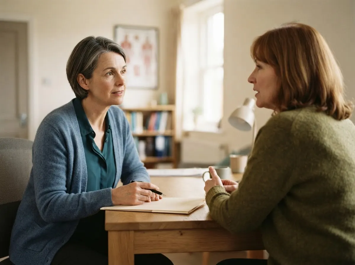 A doctor listening to an adult across the corner of a desk in a calm consulting room.