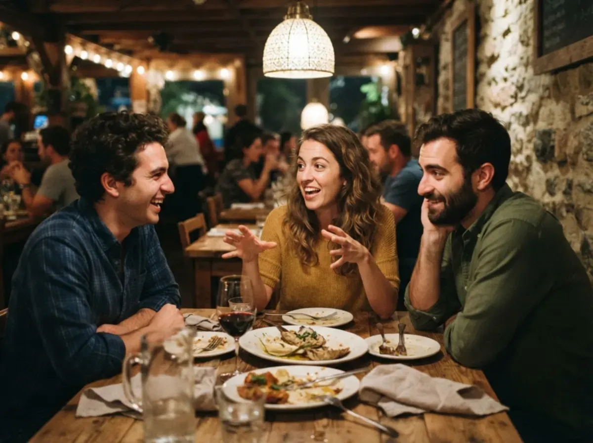 A person talking quickly at a dinner table while a friend leans in to follow.
