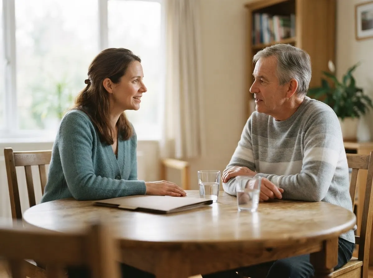 A speech-language pathologist and an older adult talking at a round table in a bright room.