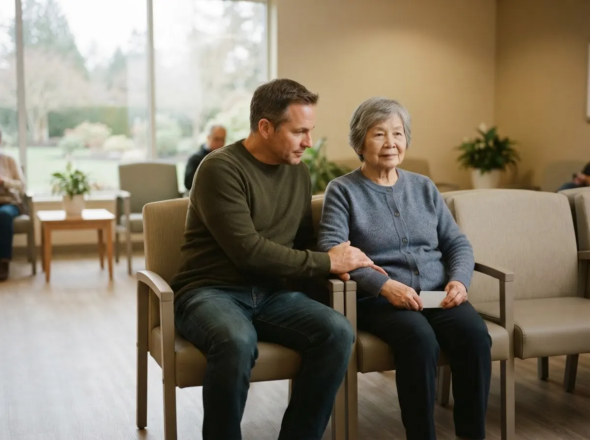 An older adult and their grown son sitting side by side in a bright waiting area.