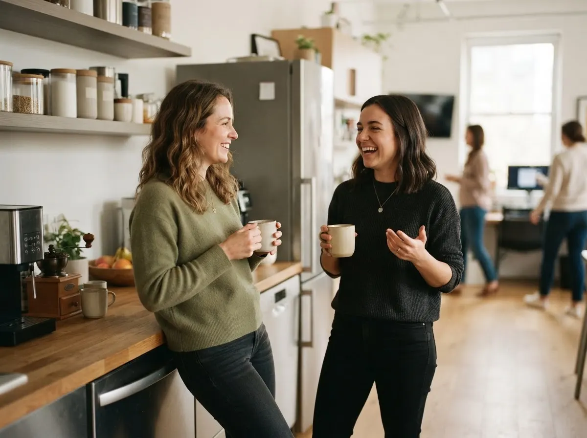 Two colleagues chatting over coffee in a bright office kitchen.