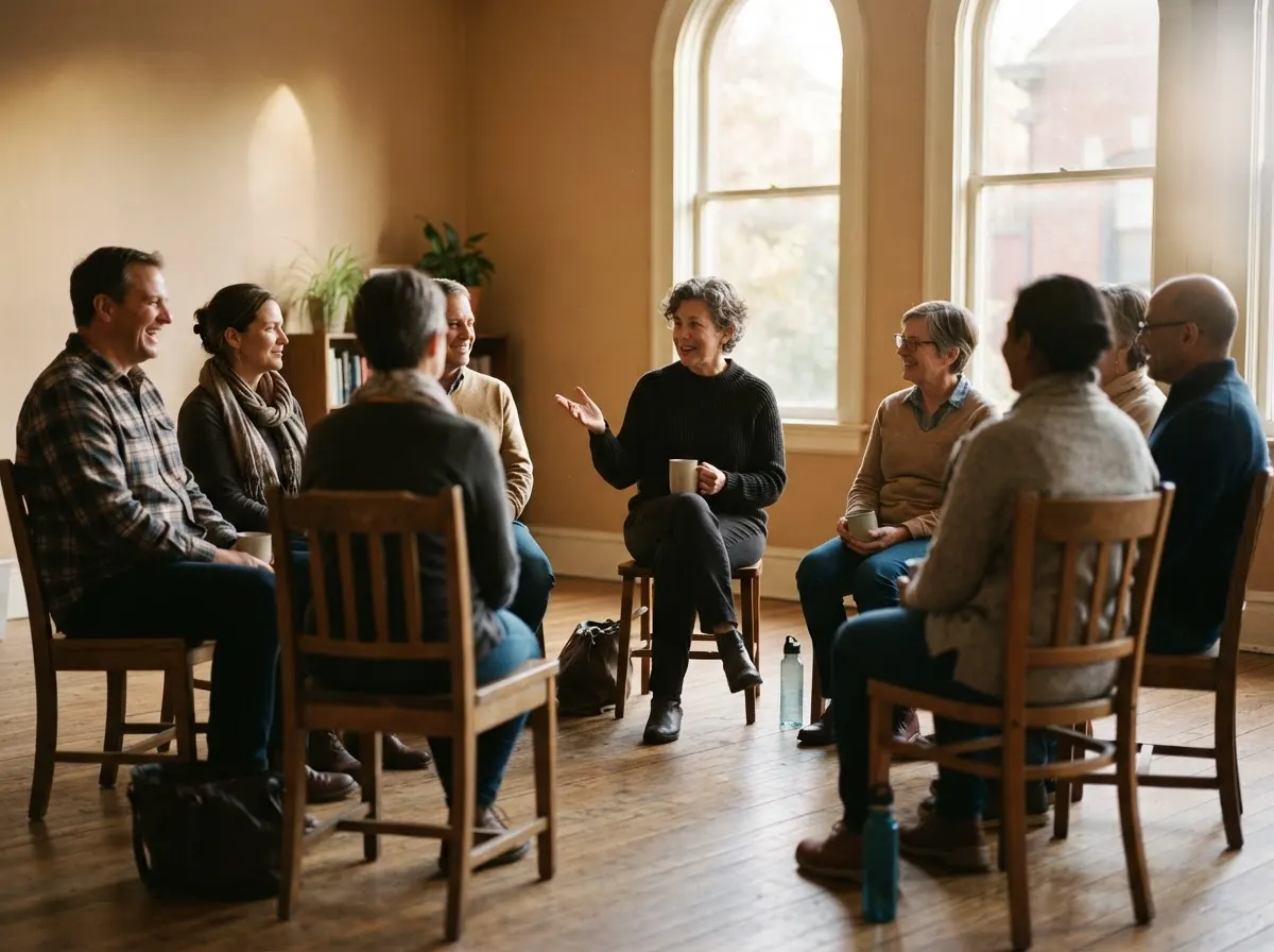 Eight people on chairs in a circle at a community meetup, one speaking while the others listen.