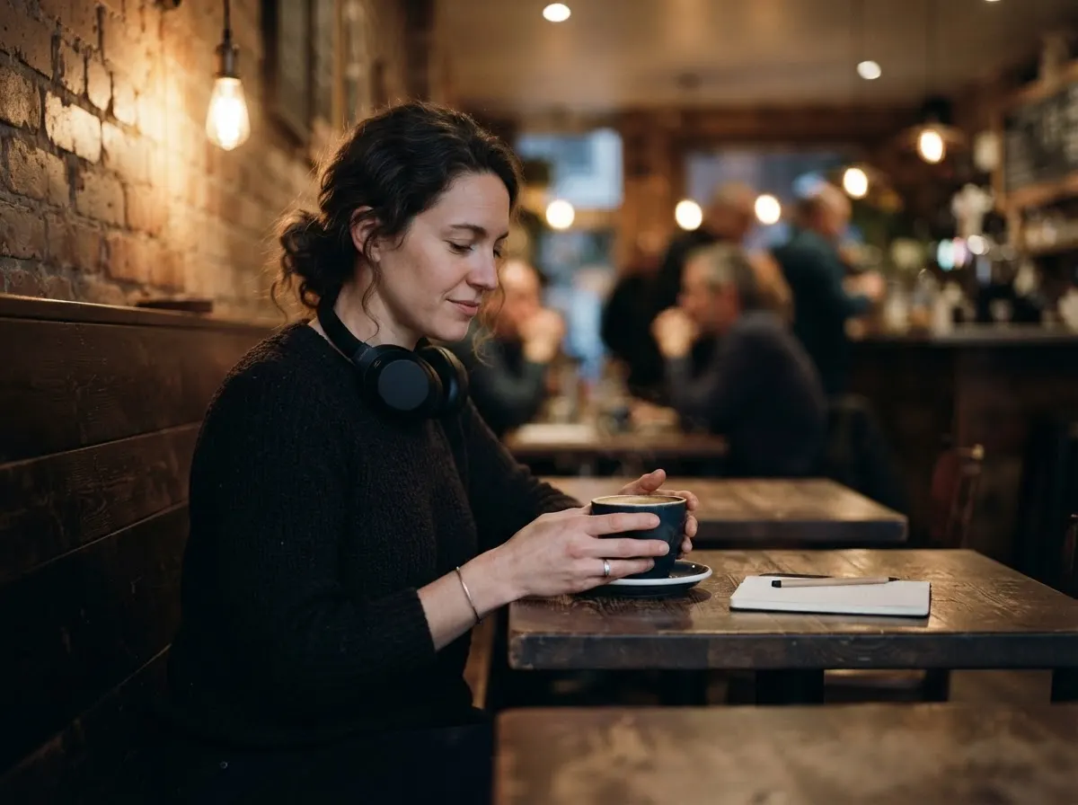 A person in a quiet corner of a café, headphones around their neck, the busy room blurred behind.