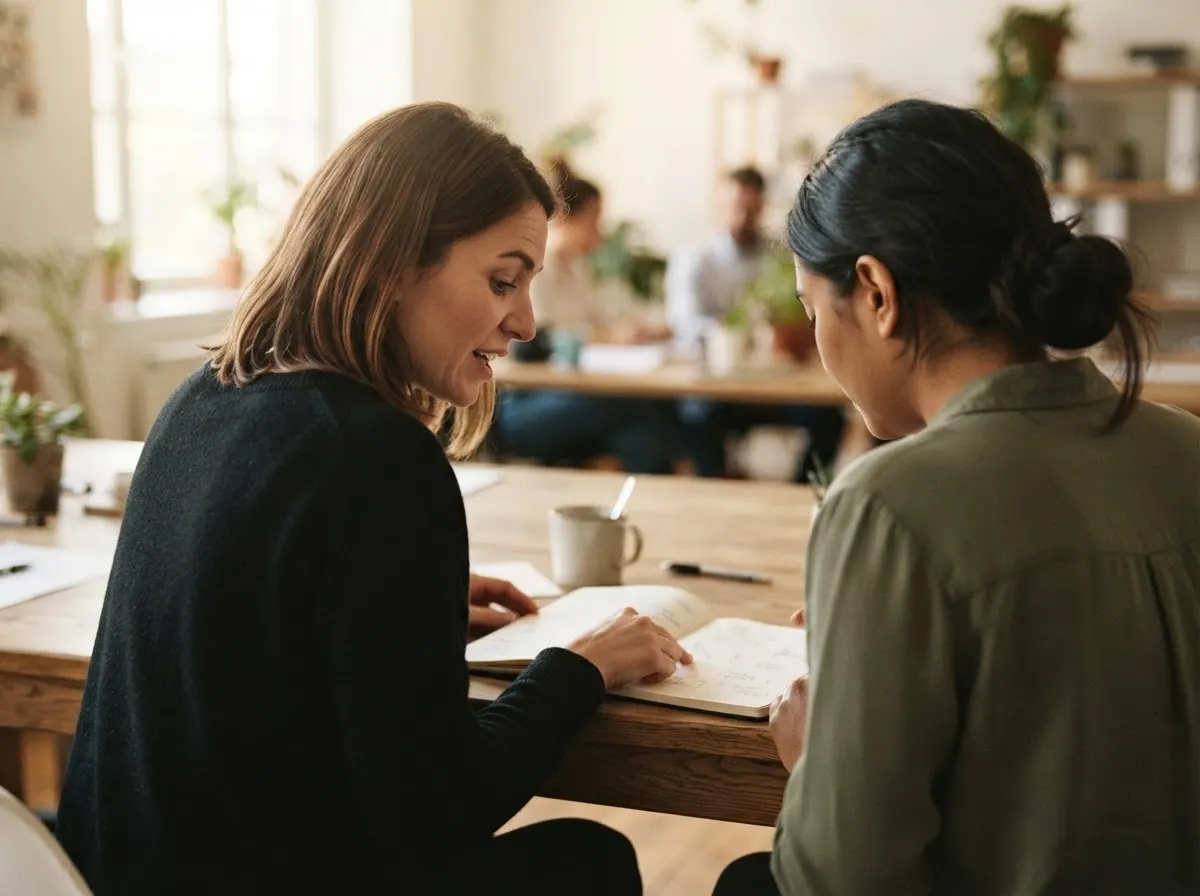Two coworkers side by side at a desk looking at the same notebook while one of them talks.