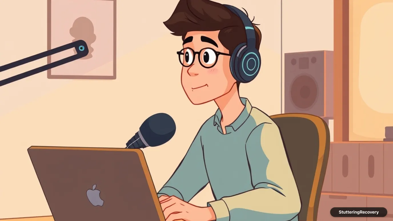 Animated illustration of an adult wearing headphones during an audio speech practice session.
