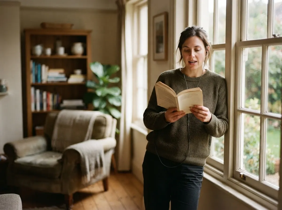 A person by a window reading aloud from a paperback, wearing wired earbuds.