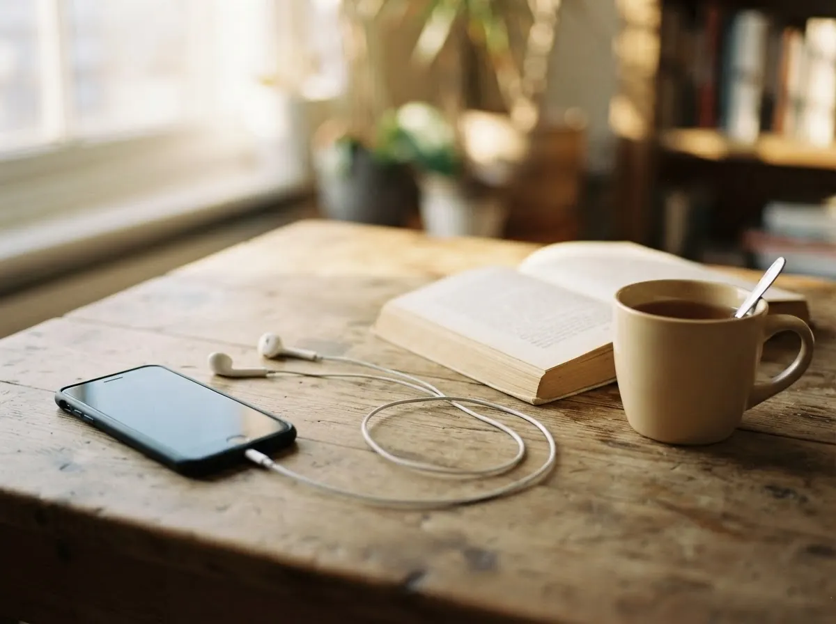 Wired earbuds plugged into a phone with a dark screen, beside an open paperback and a mug of tea on a desk.