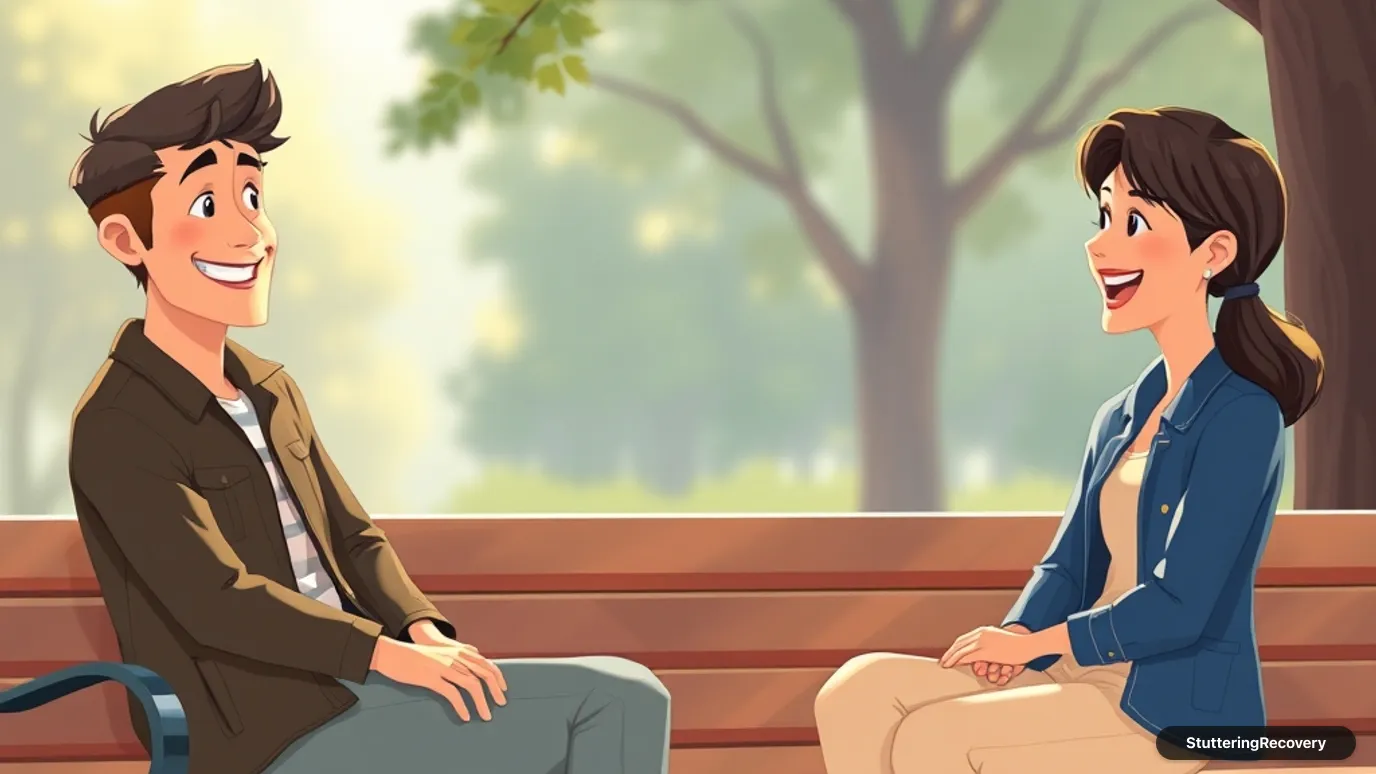 Animated illustration of an adult chatting comfortably with friends outdoors in afternoon sunlight.