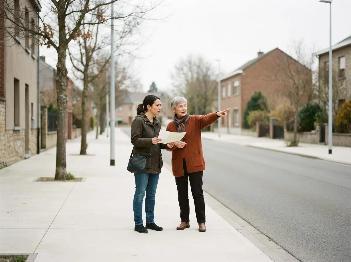 A person holding a map asks a passer-by for directions on a quiet street, and the passer-by points ahead.