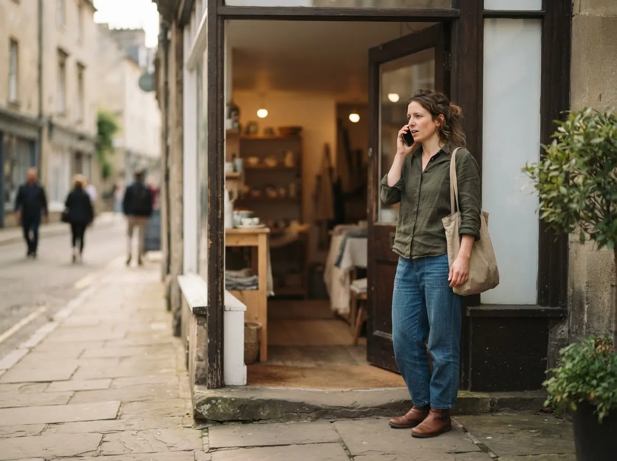 A person outside a small shop making a short phone call, a tote bag on one shoulder.