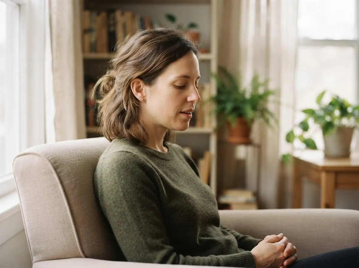A person seated in a quiet room breathing out gently, mouth slightly open, shoulders relaxed.