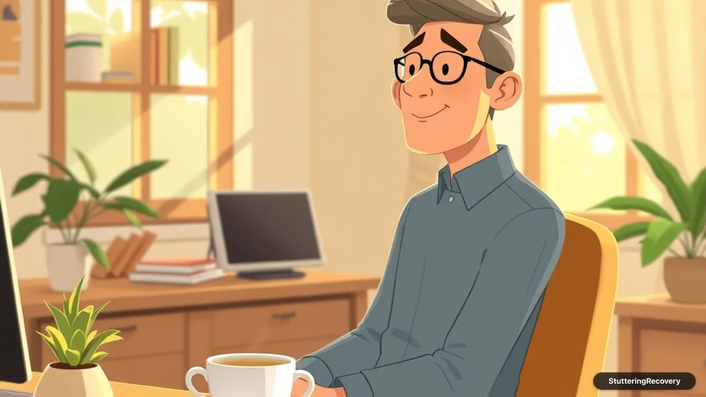Animated illustration of a person practicing easy voice onset at a wooden desk in a quiet, sunlit room.