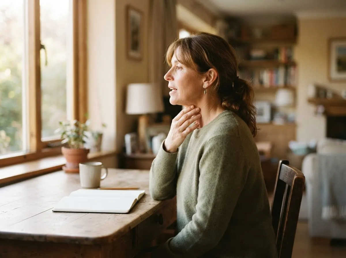 A person at a desk speaking aloud, fingertips resting lightly on the front of their throat.