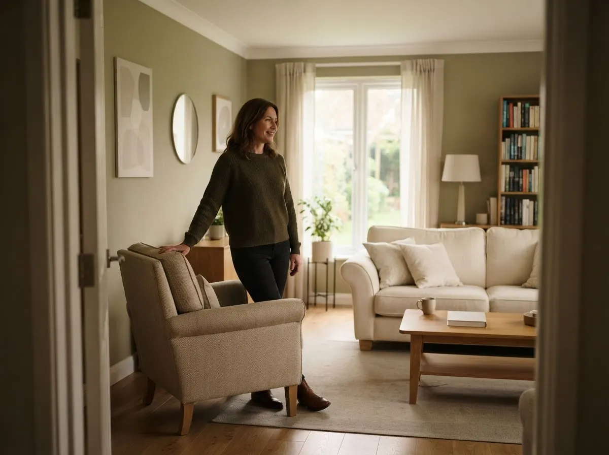 A person alone in a living room speaking aloud, one hand resting on an armchair.