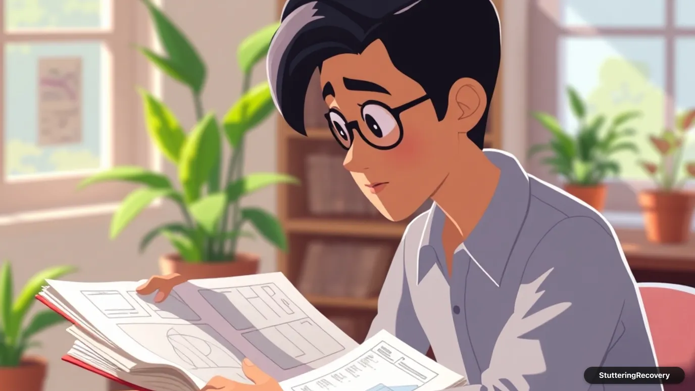 Animated illustration of an adult at a study desk reviewing speech practice strategies.
