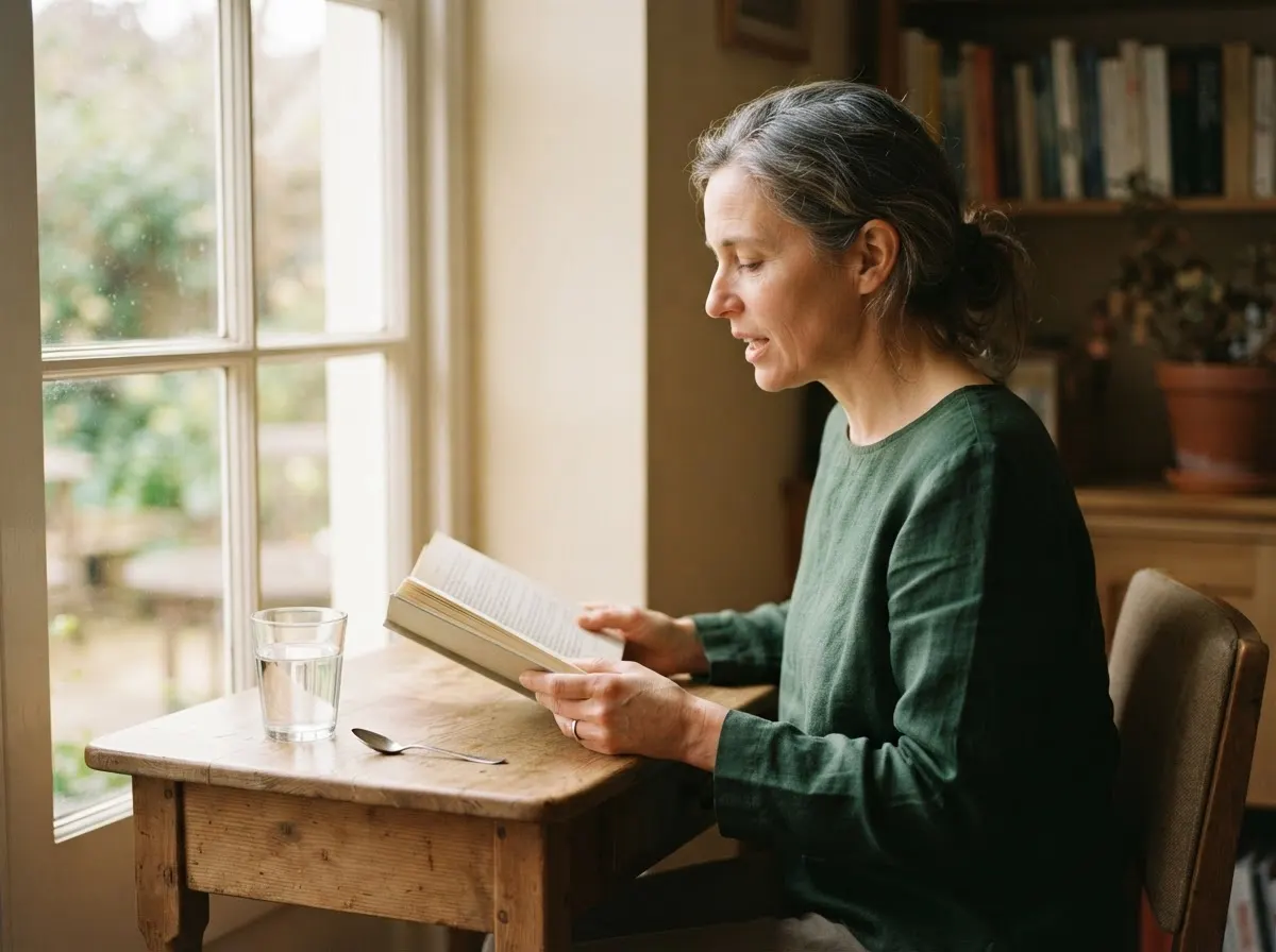 A person at a desk reading aloud slowly from an open book, a glass of water beside them.