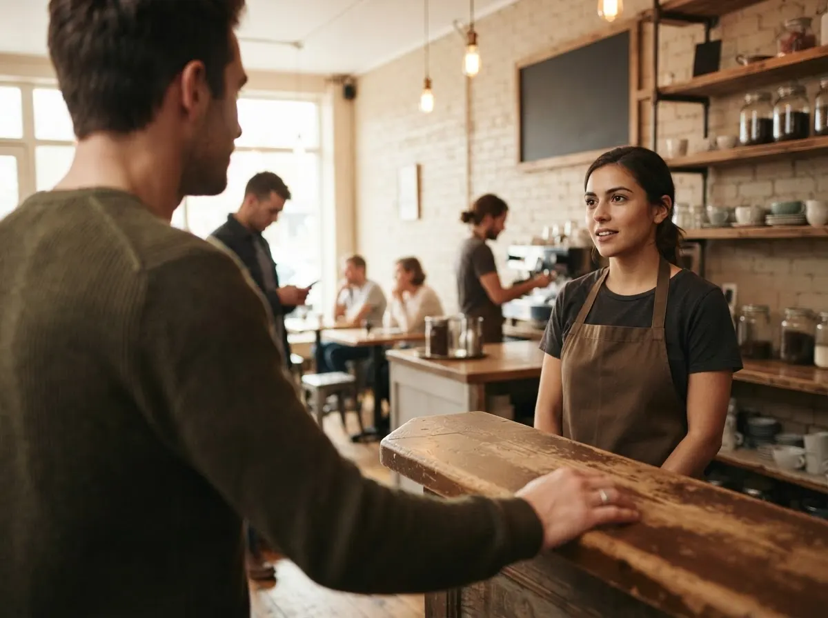 A customer at a café counter speaking to the barista, one hand on the counter edge.