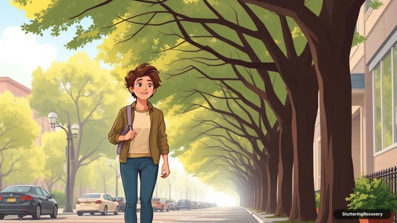 Animated illustration of an adult speaking with confidence while walking along a sunny city street.