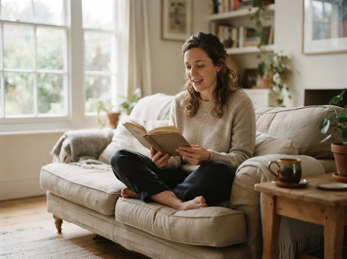 A person on a sofa early in the morning reading aloud from a book, a mug beside them.
