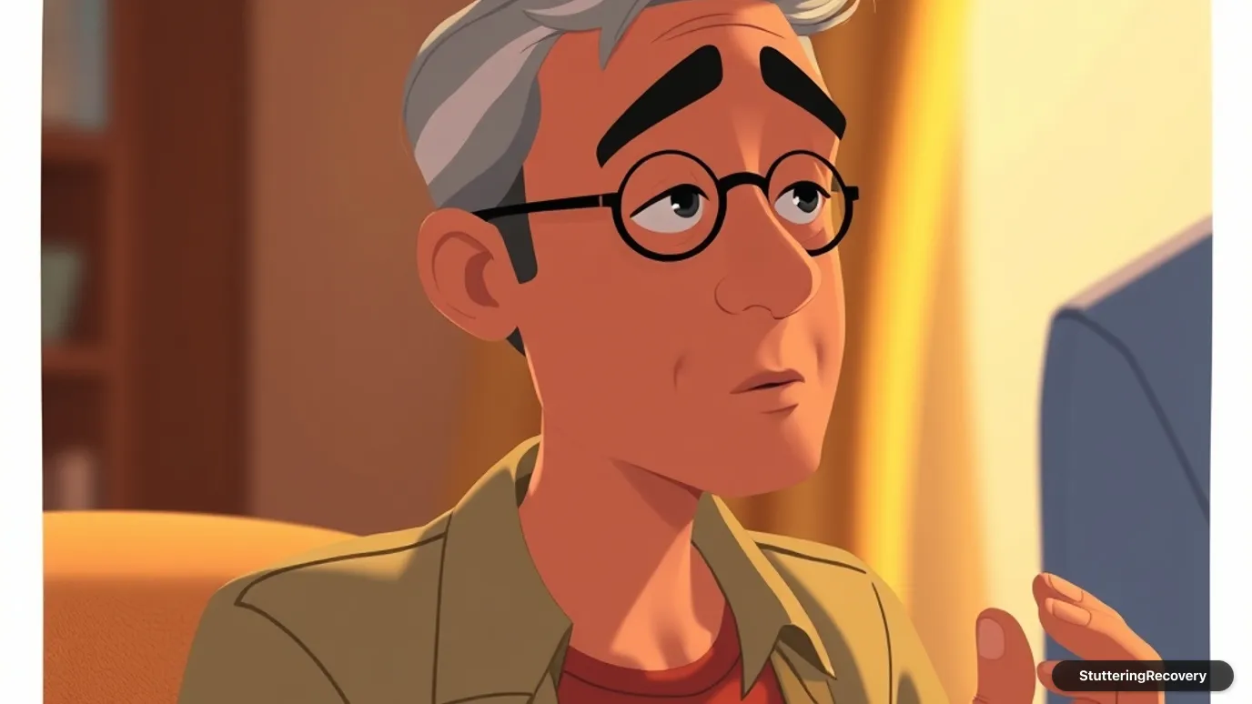 Animated illustration of an adult pausing with calm composure to release physical tension during a conversation.