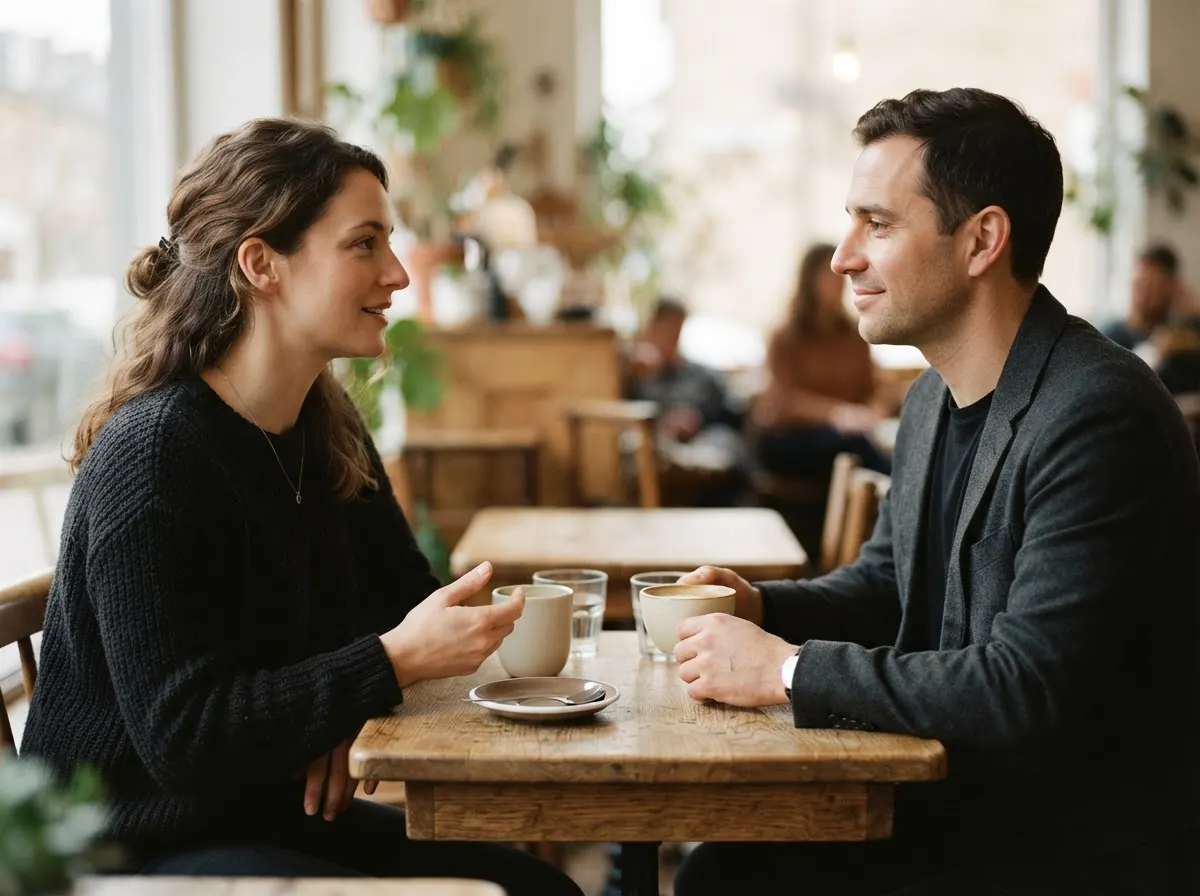 Two people at a café table, one pausing mid-sentence with a calm expression while the other waits.