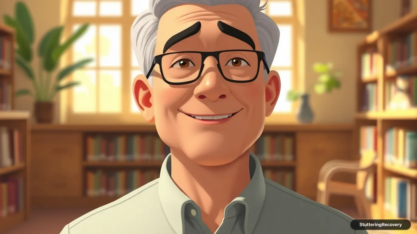 Animated illustration of an adult practicing light articulatory contact in a calm, sunlit library.