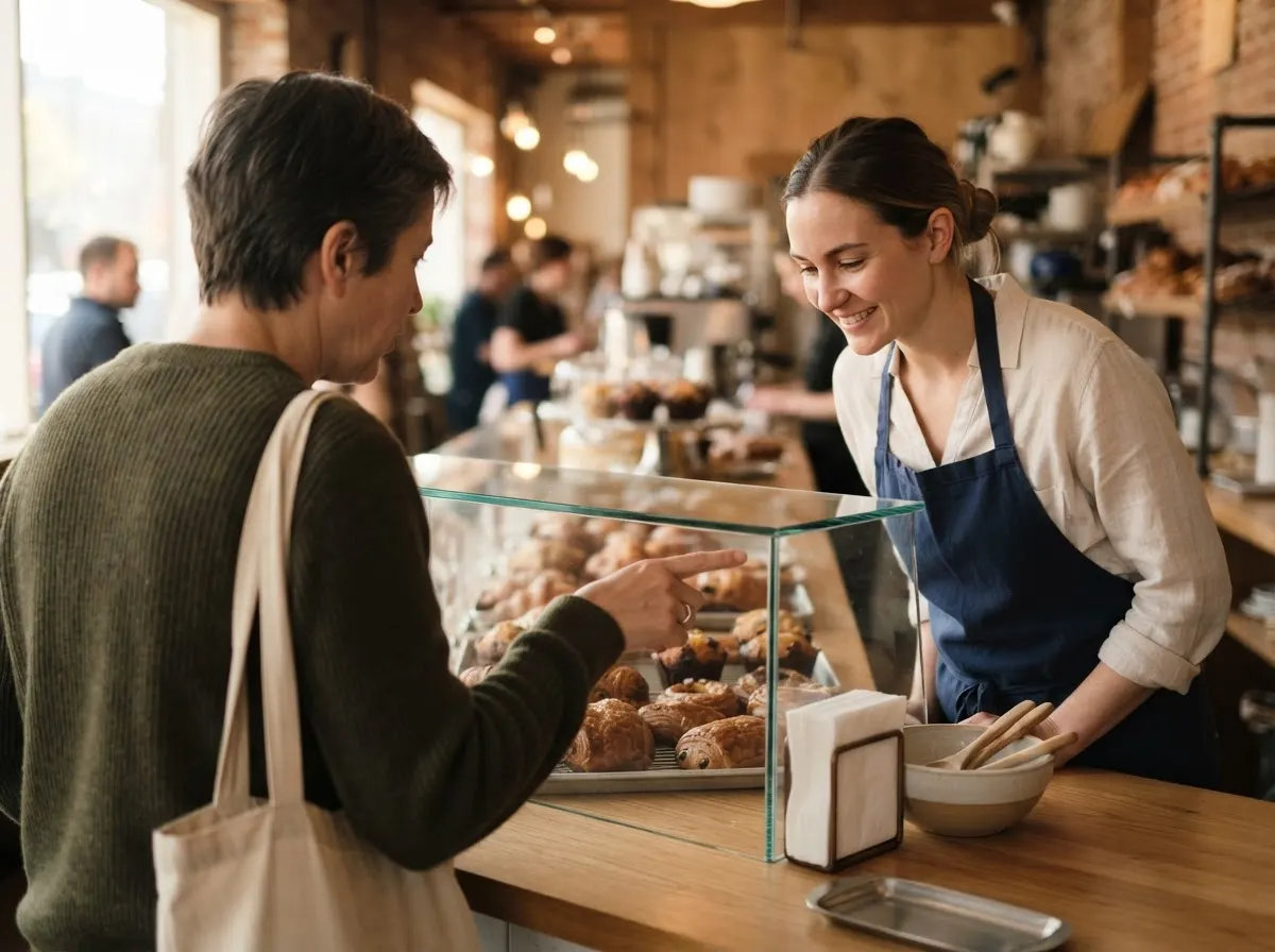 A person at a bakery counter speaking to the server while a tray of pastries sits behind the glass.