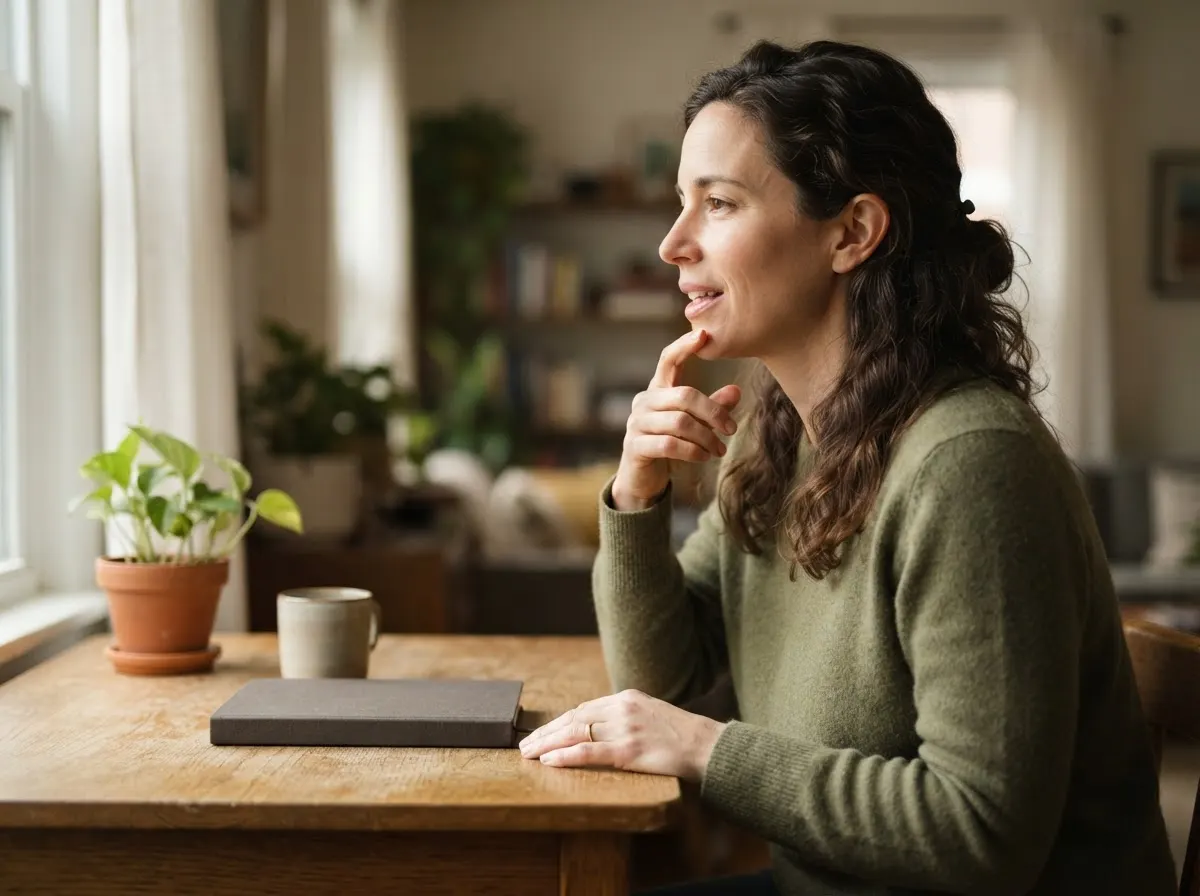 A person at a desk speaking softly, one finger resting lightly on their chin.