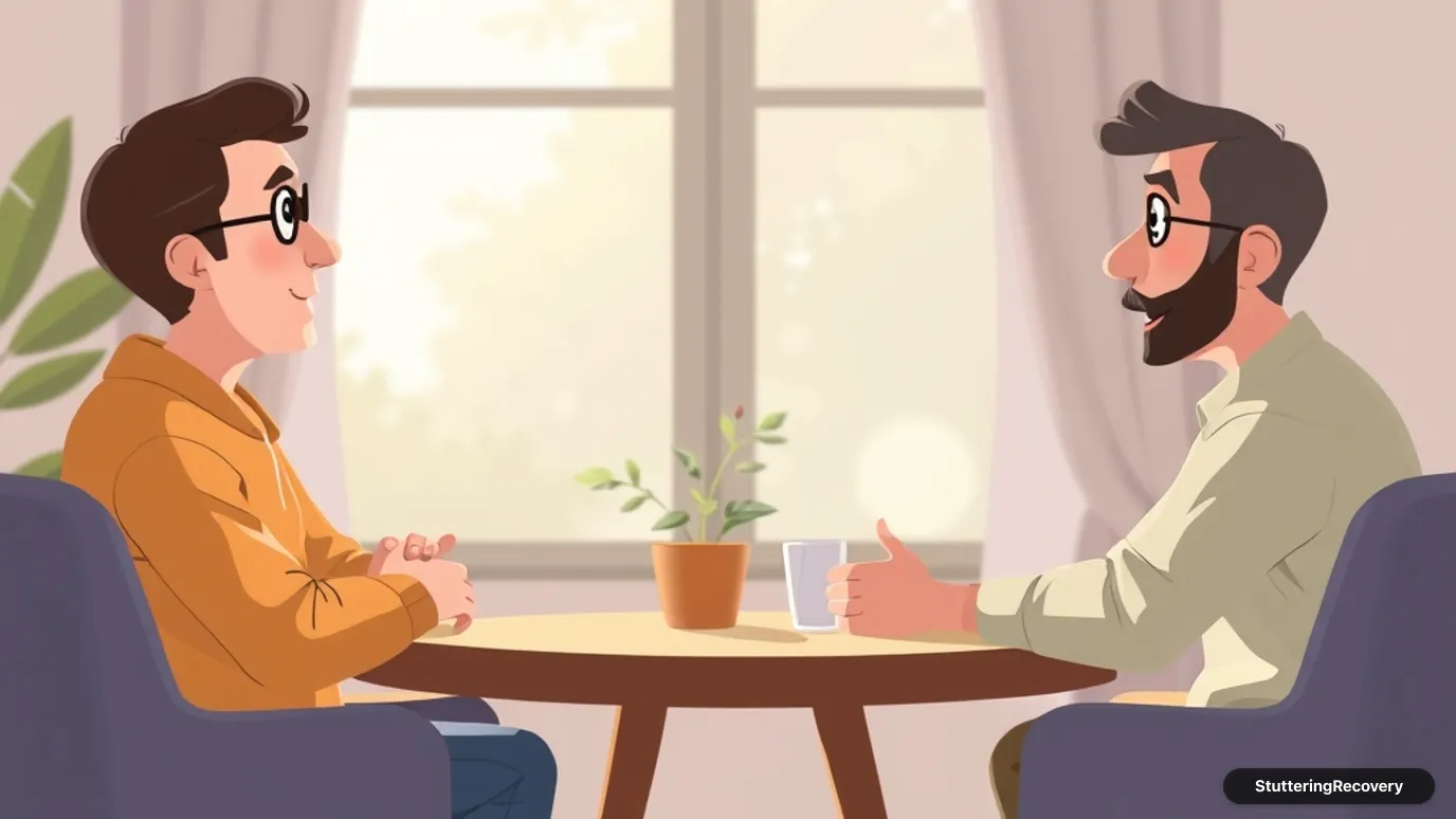 Animated illustration of an adult pausing naturally during an unhurried conversation in a cafe.