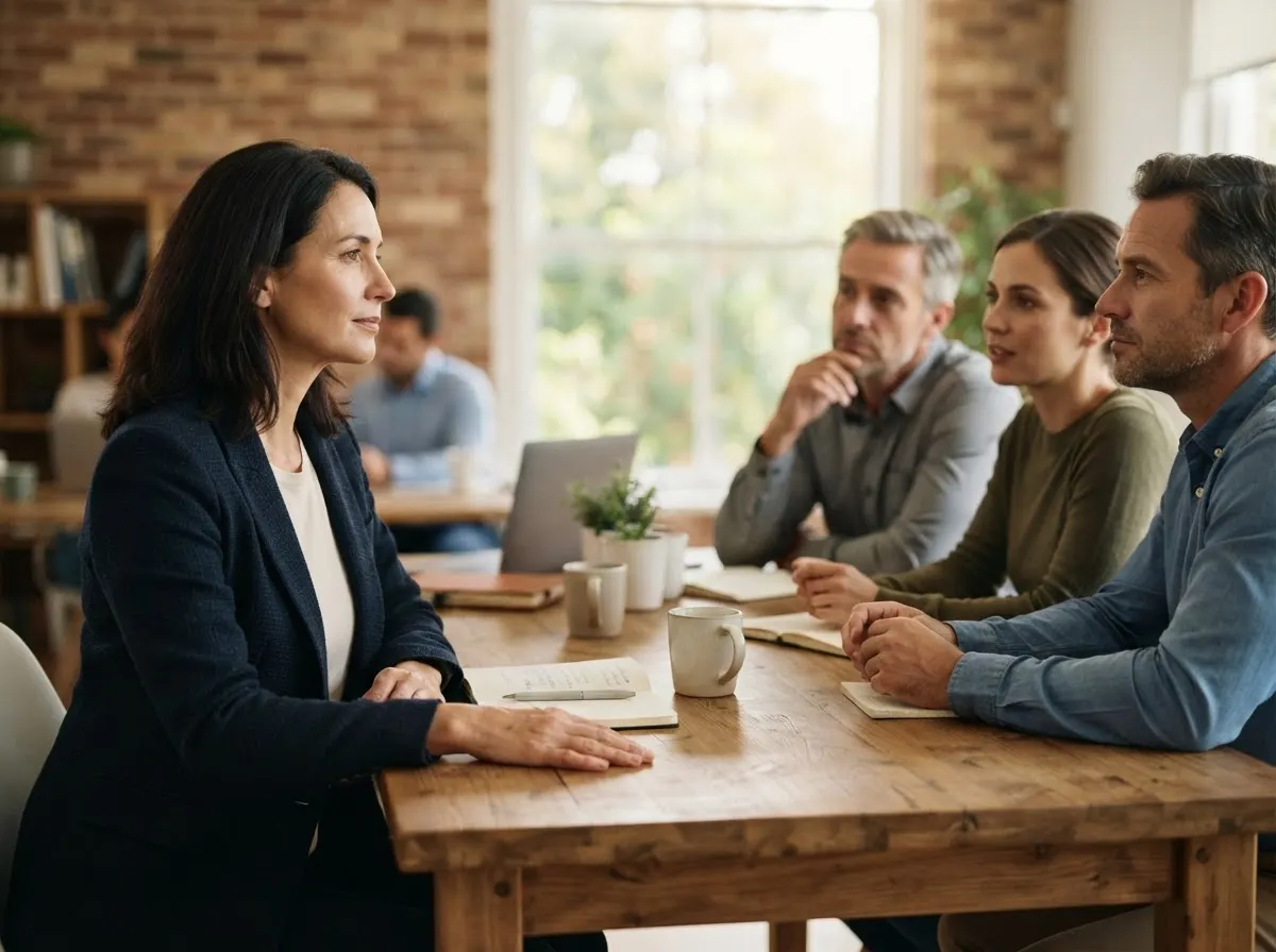 A person pausing between points at a meeting table while colleagues listen.