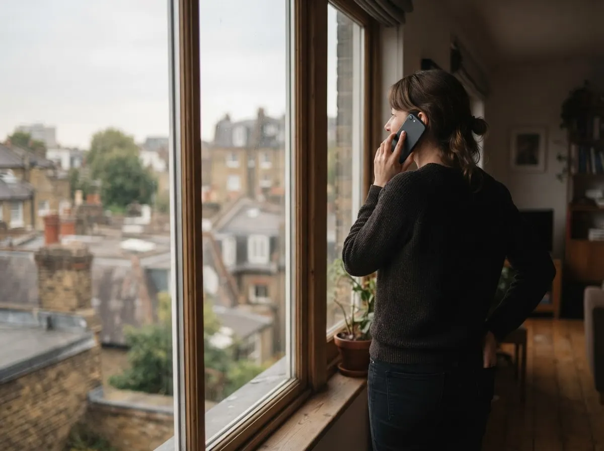 A person at a window on a phone call, relaxed, one hand in a pocket.