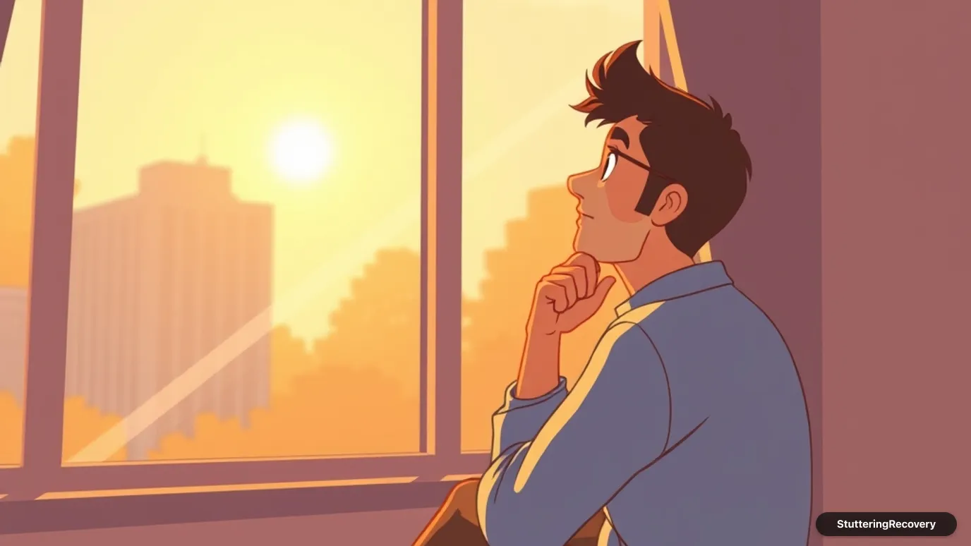 Animated illustration of an adult sitting by a sunlit window reflecting with calm clarity on their voice.