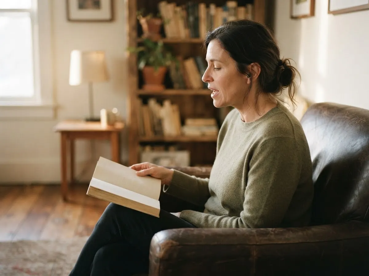 A person in an armchair reading aloud from a book on their knee, shoulders relaxed.