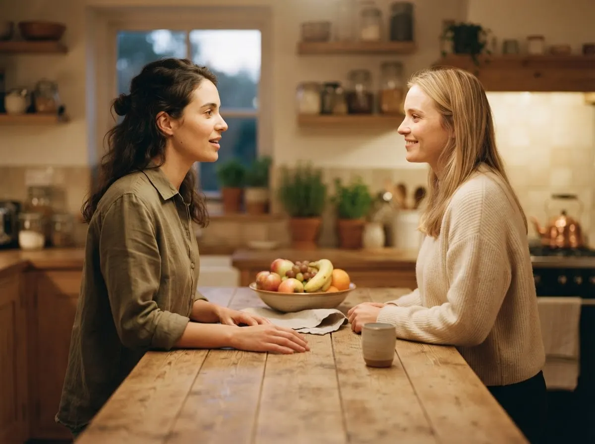 Two friends at a kitchen counter, one pausing mid-sentence while the other waits attentively.