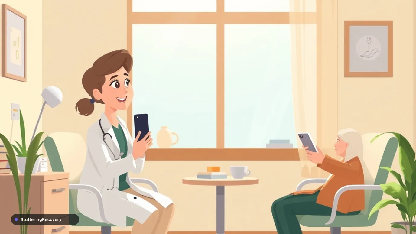 Animated illustration of an adult consulting with a speech clinician in a bright modern office.