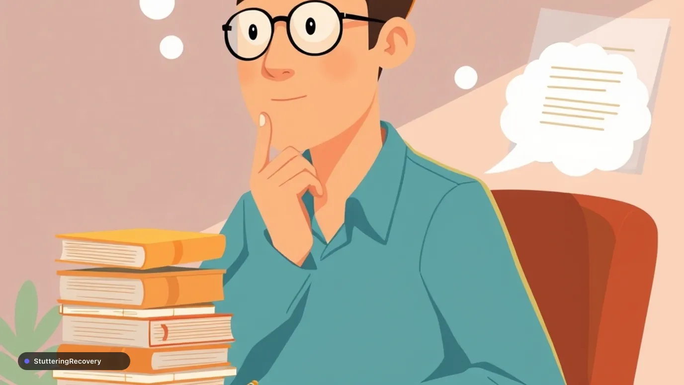 Animated illustration of an adult thoughtfully organizing speaking notes at a desk.