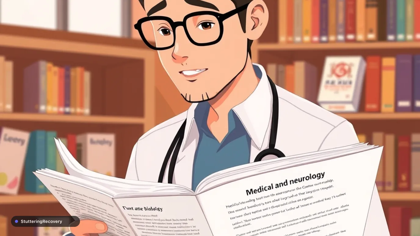 Animated illustration of an adult reviewing medical and speech health information calmly.