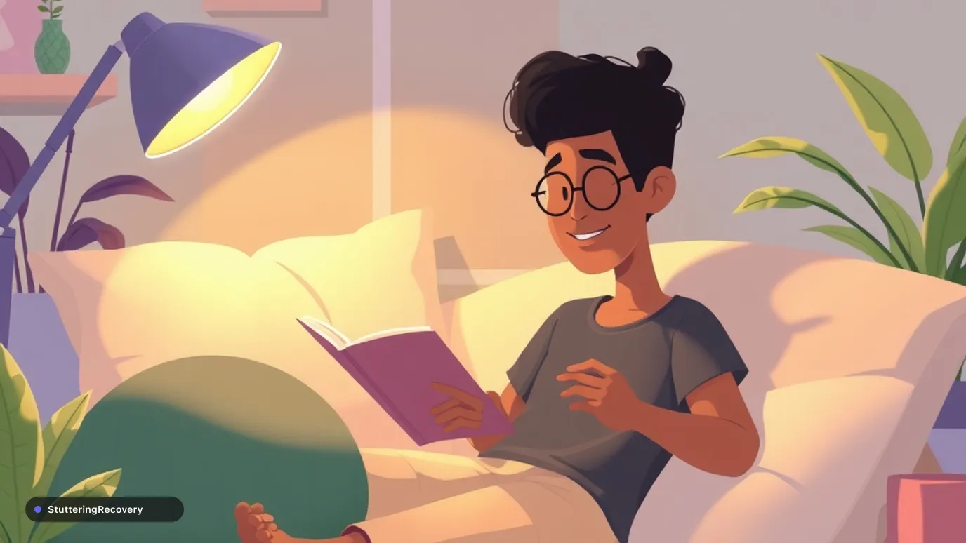 Animated illustration of a neurodivergent adult in a comfortable, sensory-friendly reading room.